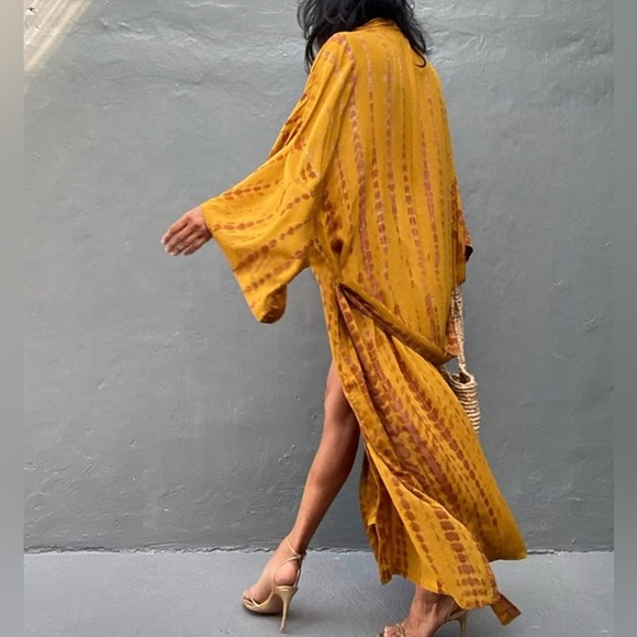 - New MUSTARD & CRAN Boho Tie Dye Kimono Maxi Beach open front long COVERUP - Picture 7 of 12